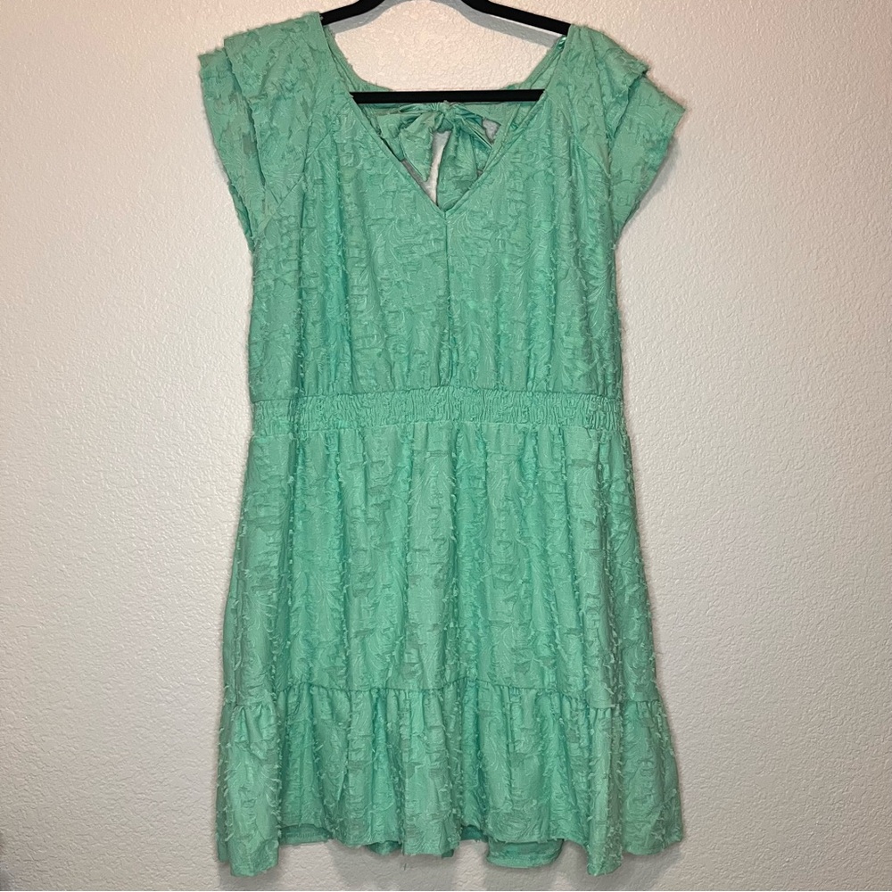 NWT LC Lauren Conrad XL Valez Aqua FLORAL FRINGE RUFFLE TIE BACK V-NECK DRESS